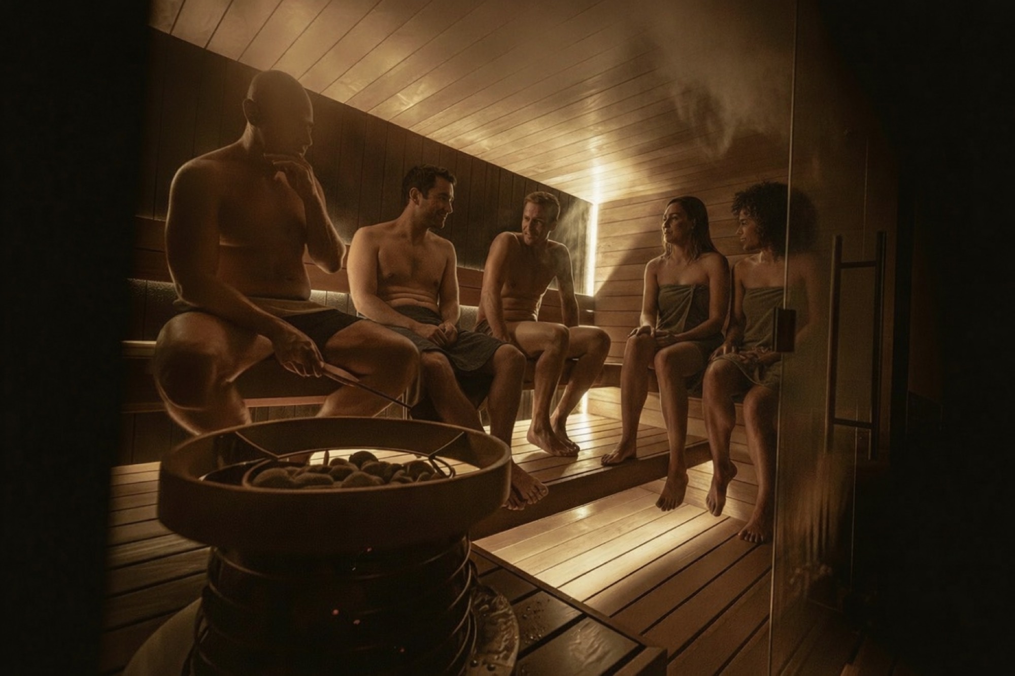 A group gathered inside a warm-lit sauna, stones glowing in the stove
