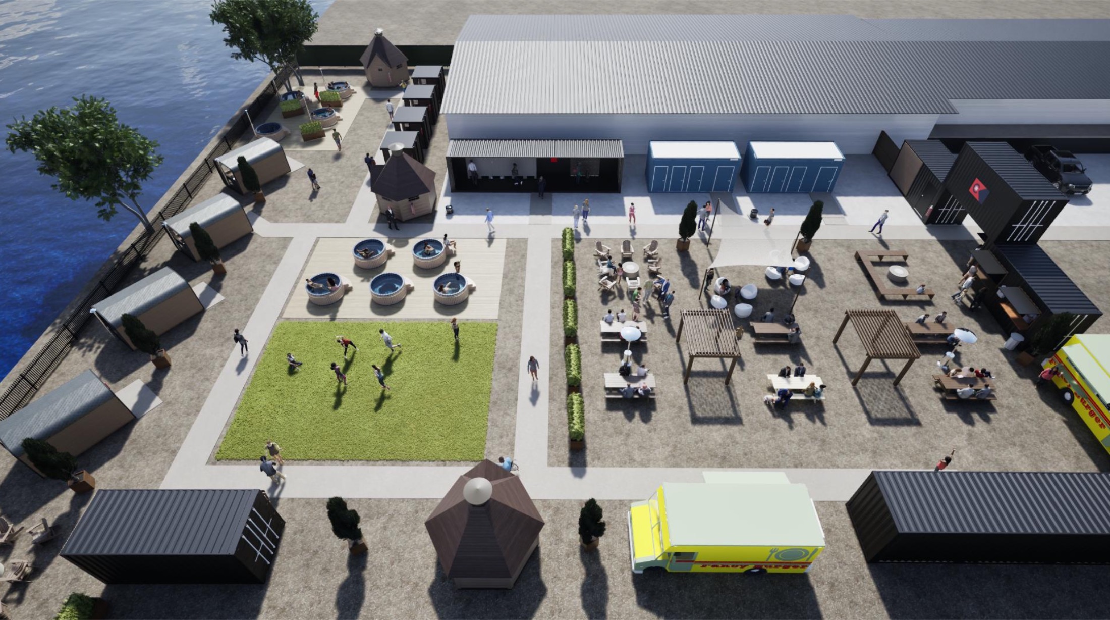 Aerial rendering of the planned Saunagoose property on the Cuyahoga