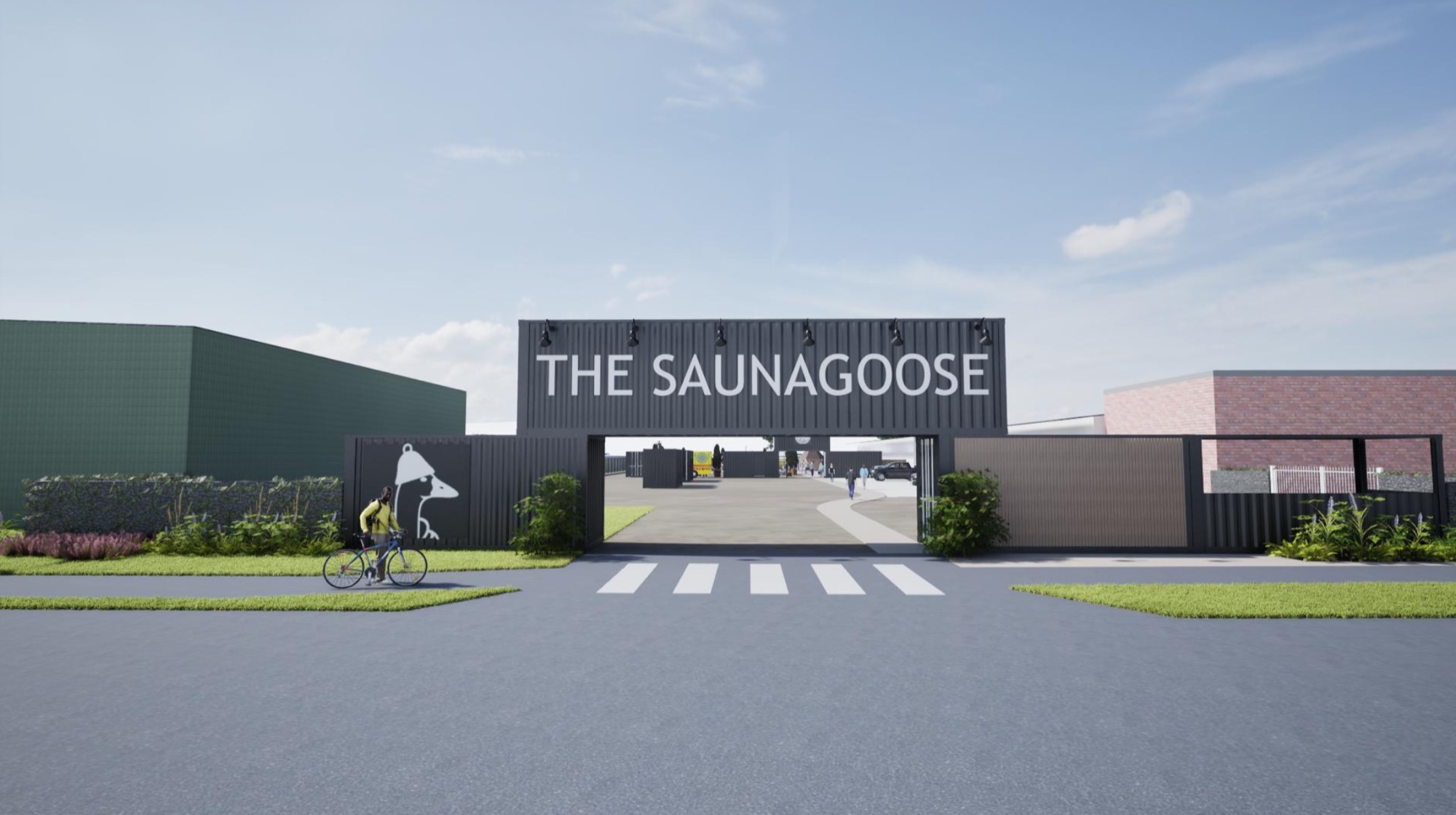 Planned Saunagoose front entry with signage and crosswalk